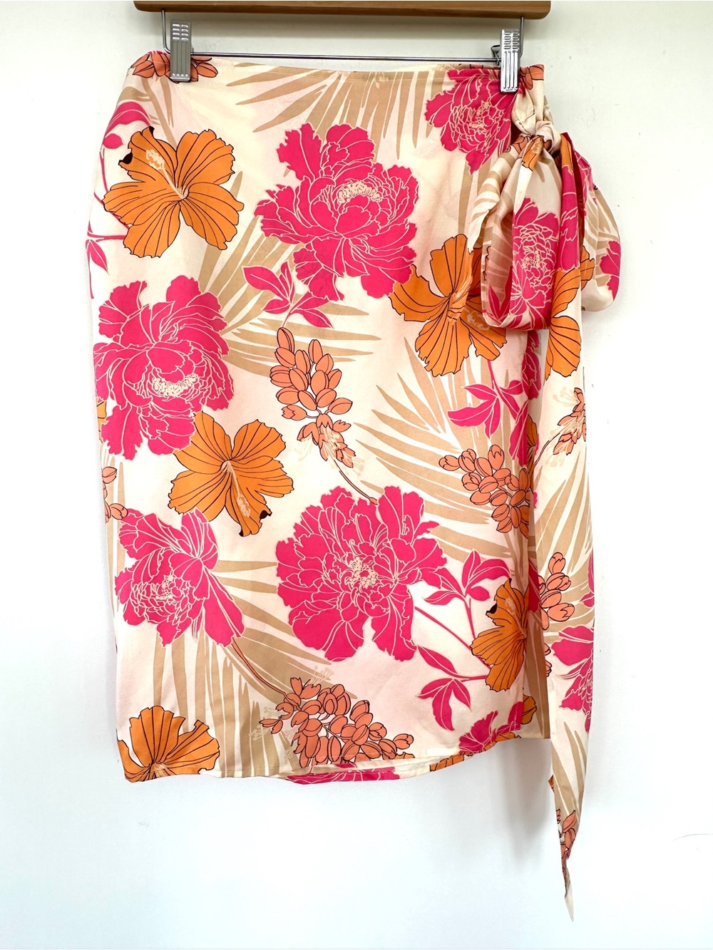 Express Floral Tie-Waist Wrap Skirt, Swim Coverup in Pink & Orange, 💯 Silk